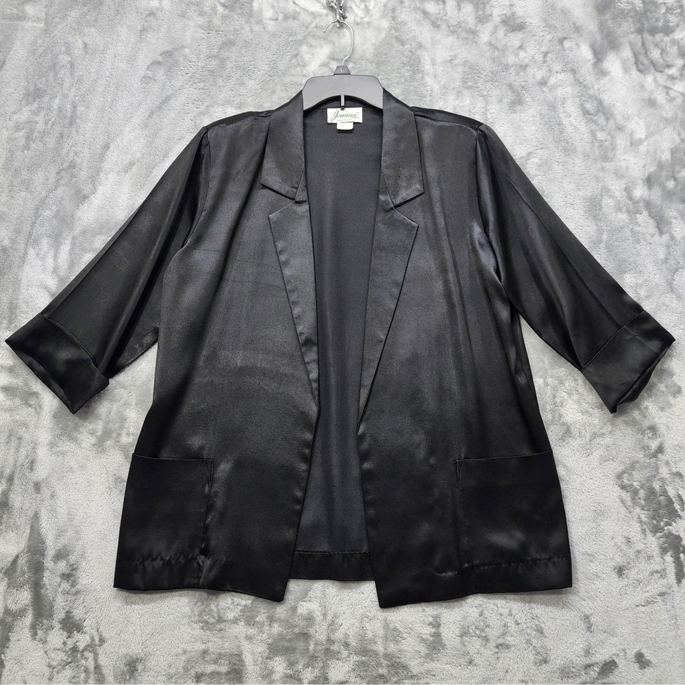 Vintage Joanna Blazer Womens S Black Satin Open Front Cuffed 3/4 Sleeve‎ Tuxedo